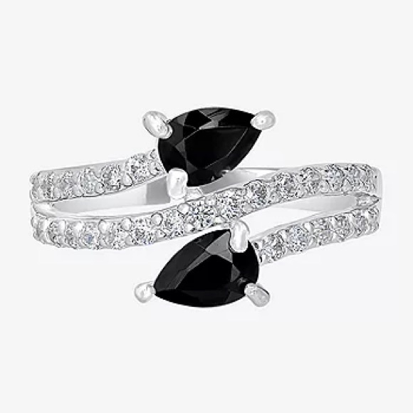 Genuine Onyx Stones and CZ Sterling Silver Bypass Cocktail Ring Size 9